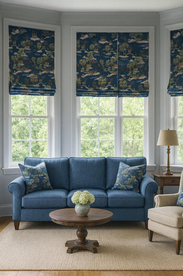 Blue chinoiserie fabric with pagoda pavilions and willow trees